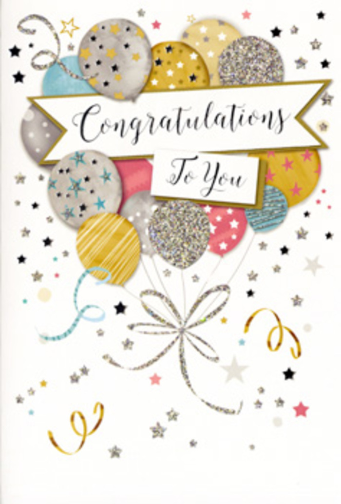 In this photograph, a refined congratulations card stands upright, its design composed with the same care a florist might use when arranging a showpiece bouquet for a Bromley celebration. At the heart of the card is a lush, stylised cluster of balloons, layered so that some sit slightly in front while others recede, creating a gentle illusion of depth. The colour palette is soothing yet festive: warm gold, brushed silver, soft champagne, cool sky blue, blush pink and a balancing touch of grey, all rendered with subtle shading that makes each balloon appear softly rounded and illuminated. Delicate decorative details-glitter-like freckles, sprinklings of tiny stars and slender horizontal or diagonal stripes-add texture and sparkle, catching the eye the way sunlight might glance off glass vases in a Bromley Florist window. From the lower edge of the cluster, long metallic ribbons in shimmering gold and silver trail downwards, twisting into loose, flowing curls that suggest motion and lightness. Surrounding the balloons, the background is gently animated with scattered stars, discreet confetti dots and elegant swirling lines, all in matching metallic tones that evoke the effervescence of a well-planned party in a home near Queens Gardens or off Widmore Road. A graceful banner stretches across the middle, its ends slightly curled, bearing the words Congratulations To You in ornate, sweeping calligraphy that feels both polished and sincerely affectionate. The overall composition communicates pride, happiness and admiration, making it an ideal partner for gifts marking graduations, promotions, retirement celebrations or personal milestones. As a local florist, I imagine this card nestled among fresh blooms in a delivery travelling through Bromley, Petts Wood or Keston, carrying warm congratulations in both words and design.