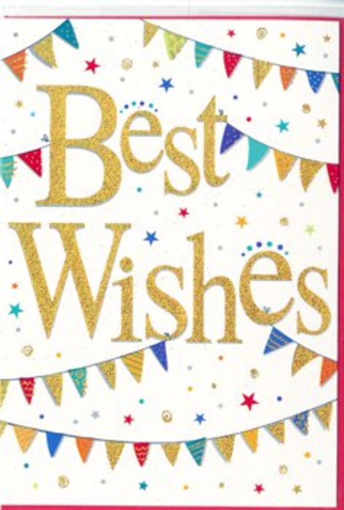 The card depicted in the image offers a charming blend of elegance and playfulness, ideal for sending congratulations or supportive wishes across Bromley. At the heart of the design, the words Best Wishes sweep across a crisp white background in luxurious golden script. The calligraphy, embossed and slightly raised, looks as if it has been written by hand with liquid gold ink, reflecting subtle highlights as though catching morning light over Bromley's tree-lined streets. This central message feels both celebratory and sincerely personal. Gently curving around the text, strings of bunting stretch from edge to edge near the top and bottom of the card, creating a soft frame. Each tiny triangular flag is brightly coloured-rich reds, cool blues, fresh greens, sunny yellows, and warm oranges-decorated with a lively mix of stripes, dots, and small geometric motifs. The effect is reminiscent of cheerful decorations strung up for a family party in a garden near Bickley or Beckenham. Between and around these bunting garlands, scattered stars and confetti dots in coordinating colours dot the white space, adding a sense of motion and sparkle, like the final moments after confetti has been tossed into the air. Despite the abundance of detail, the composition remains airy and balanced. The white background acts as a calm field that allows the golden text and colourful flags to truly stand out. The card feels versatile and inclusive, suitable for many joyful events-a new job, an engagement, exam results, or simply wishing someone luck on a new venture. When paired with a fresh bouquet delivered locally, the card's design helps to express heartfelt joy, hope, and encouragement, all captured in gleaming gold and vibrant colour.