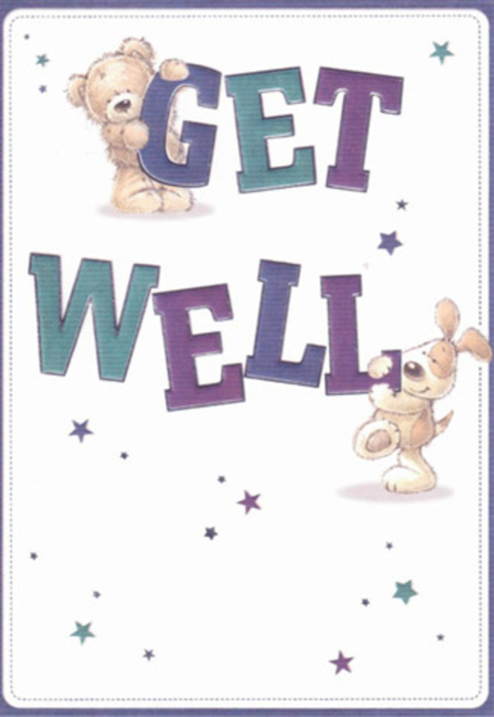 Charming get well card illustration filled with playful tenderness, as if designed to sit beside a bedside bouquet and softly brighten the day of someone resting in Bromley. The central focus is the phrase GET WELL, rendered in big, rounded letters that seem to pop forward from the page. Each letter is richly shaded in layered tones of indigo, deep purple, and cool teal, with subtle highlights that make the text feel almost three-dimensional, like chunky blocks you could pick up and rearrange. Draped affectionately over the top of the word GET is a cuddly bear, its soft, toffee-coloured fur created with delicate strokes that hint at fluff and warmth. Its paws grip the letters with a gentle, helpful determination, conveying the sense of a loyal friend doing its best to lift your spirits. Below, a floppy-eared puppy leans into the word WELL, its rounded body, velvety ears, and curved tail brought to life with slightly darker brown tones and soft shading that suggest movement, as though the pup might start wagging at any moment. Around the characters and text, a constellation of starbursts and tiny stars in bluish purples, aquas, and dusky teals is carefully scattered, echoing the colours of the lettering and creating a sense of magical, hopeful energy swirling through the scene. The entire design sits on a pristine off-white background, giving everything room to breathe and feel clean, calm, and restorative-like the quiet, bright light filtering through a bedroom window in Sundridge Park. While there are no blooms illustrated, the card evokes the same thoughtful care I put into arranging a soft, soothing get well bouquet, each detail placed with intention to comfort, encourage, and offer a gentle touch of joy to anyone feeling under the weather, whether at home or in a local Bromley clinic.