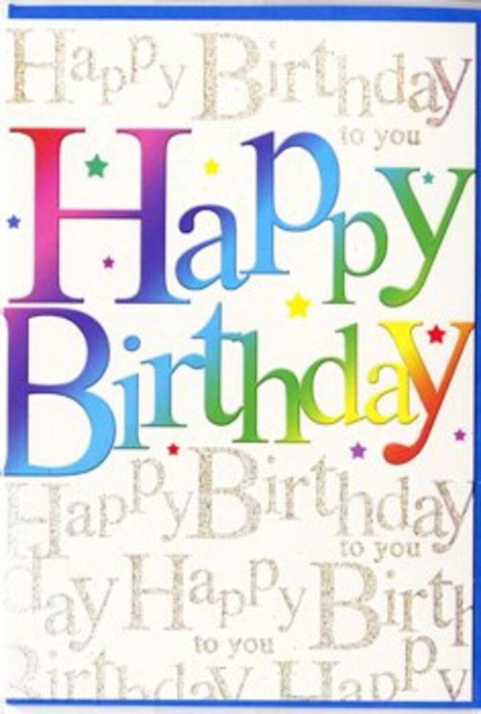 The birthday card captured in this photograph exudes an easy, upbeat happiness, as if it has been designed to amplify the joy of a special day in Bromley. Spanning the width of the card is the greeting Happy Birthday, rendered in large, rounded letters that feel friendly and generous. Each character is filled with a flowing gradient of colour, beginning with luscious berry reds at one end, then passing through juicy orange and glowing yellow into fresh grassy green, calm turquoise, and rich indigo, before settling in deep purple. The rainbow effect is smooth and continuous, with no harsh edges-just a gentle movement from shade to shade, echoing the way a florists' arrangement moves from one bloom to the next. The surface of the lettering appears sleek, with a soft gleam that suggests high-quality printing. Behind this bold message lies a backdrop of repeated, handwritten-style words, Happy Birthday to you, written in delicate, looping gold script. These smaller lines drift across the entire background, creating a sense of layered texture, like fine ribbons woven behind the main design. When the light catches the card, the metallic ink shimmers softly, bringing a sense of elegance to the playful colours in front. Scattered among the letters are tiny, multi-coloured stars and dots, positioned as if they are drifting down through the air, like confetti tossed at a birthday tea in a Bromley garden. The overall composition feels harmonious and thoughtfully arranged, striking a balance between bold celebration and polished detail. It's the sort of card that would stand out beautifully beside a hand-tied bouquet on a sideboard in Chislehurst or a dining table in Hayes, turning a simple birthday wish into something memorable.