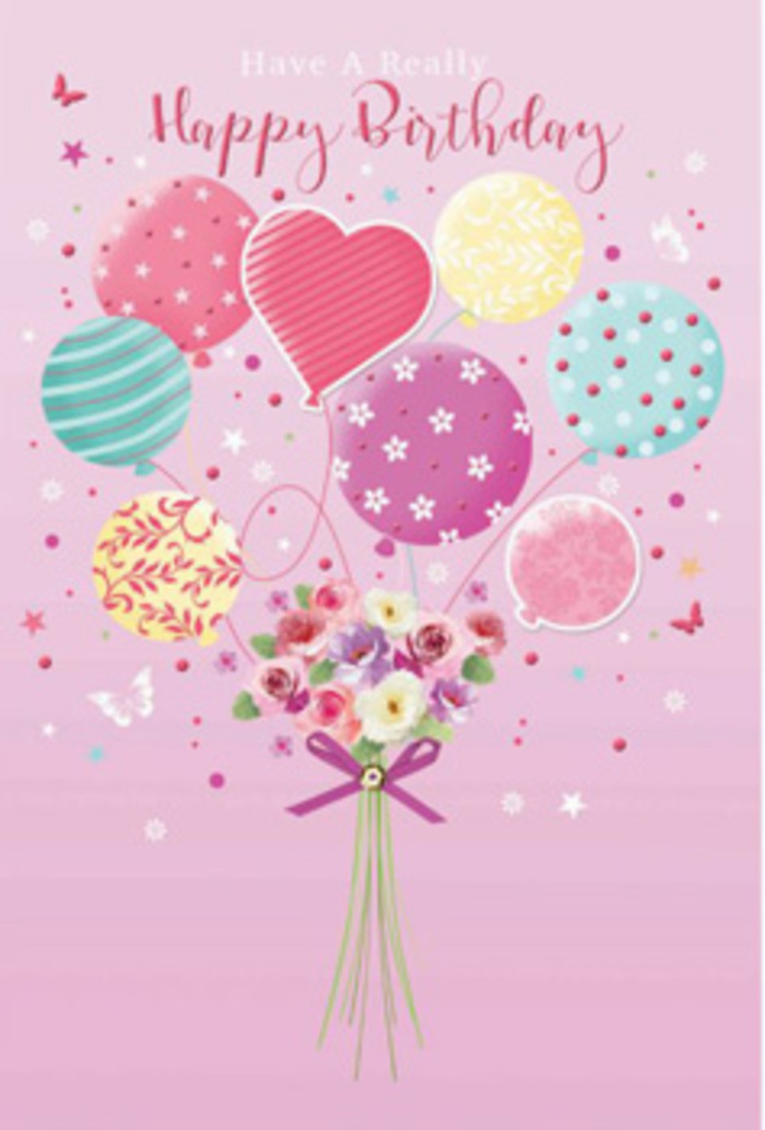 This delicately illustrated birthday design evokes a feeling of quiet happiness, as if it were inspired by a peaceful afternoon wandering through Bromley's parks and tree-lined avenues. The background is a gentle pink wash that sets a warm, comforting tone. Rising from the base is a cluster of pastel balloons, each one distinct and filled with character. Some are wrapped in candy-like stripes, others dance with scattered polka dots, petite floral shapes, or swirling motifs in harmonious shades of blush pink, soft yellow, sea-green, and lavender. A heart-shaped balloon rests at the centre, radiating a subtle glow of affection that makes the composition feel especially suited to a beloved friend or family member's birthday. At the bottom of the scene, where the balloon strings gather, a hand-tied bouquet of flowers anchors the airy design. The bouquet features petite roses and daisy-like blooms with anemone-style centres, their petals painted in creamy ivory, gentle blush, and dusky mauve. Each blossom seems to have been shaded petal by petal, capturing the velvety texture and soft curves you might see in a real arrangement freshly prepared for delivery around Bromley and nearby Hayes. You can imagine the bouquet emitting a quiet, sweet fragrance, reminiscent of a florist's shop when the doors first open in the morning. A deep violet satin bow cinches the stems, catching the light with a slight sheen and providing an elegant contrast to the pastel tones. Tiny stars and butterflies drift through the space around the balloons and flowers, hinting at movement and the fleeting magic of birthday wishes. The whole image conveys gentle jubilation-celebratory yet serene-like a carefully chosen card that speaks from the heart.