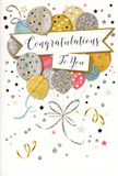 The card in this image presents a scene of gentle festivity, as if capturing the essence of a Bromley celebration in one elegant illustration. At its centre floats a generous bouquet of balloons, clustered together in a relaxed, organic arrangement. The balloons are shaded to appear softly rounded and slightly reflective, their colours falling in a harmonious blend of gold, silver, champagne, sky blue, blush pink and muted grey. Each one carries its own delicate decoration-some are sprinkled with star-shaped motifs, others shimmer with fine, glitter-like accents or subtle stripes-so that the eye moves from balloon to balloon much like lingering over individual blooms in a hand-tied bouquet. Slender metallic ribbons, drawn in bright gold and cool silver, descend from the cluster, curling lightly as though caught in a gentle indoor breeze. Around them, the pale background is enlivened with tiny metallic stars, floating confetti and graceful swirls that create a sense of airy movement, like the moment confetti is tossed at a celebration in a Bromley garden. Cutting across the centre of the design is a softly curved banner, carrying the words Congratulations To You in elegant, flowing script that feels personal and considered, as if chosen with real care for the recipient. The overall mood is radiant yet soothing, balancing glamour with warmth. It is the sort of card you might send with flowers to mark a promotion, successful exams at a local Bromley school, a new home or any meaningful achievement. From a florist's perspective, this design would look perfectly at home tucked alongside fresh flowers delivered throughout Bromley and the nearby suburbs, transforming a simple gesture of congratulations into a cherished keepsake.