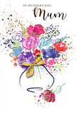 This Mother's Day card shows a joyful, floral watercolour that feels as if it were painted with a mum from Bromley firmly in mind. At the heart of the design stands a loose cluster of blossoms in cerise, magenta, and soft pink, their petals rendered with broad, confident strokes that leave edges pleasantly blurred. Thin, indigo lines curl around these shapes, gently suggesting the structure of each flower and leaf while allowing the colours to mingle and fade in places, the way real petals overlap in a hand-tied bouquet. Around the central blooms, smaller flowers and soft brushmarks in lilac, pale blue, and mellow peach expand the arrangement, giving it an open, generous feel, like a garden spilling slightly beyond its borders along a Bromley lane. Delicate glints of gold pick out the rims of petals, trace hints of foliage, and accent tiny scattered hearts, adding a sense of celebration and highlighting the card's loving intent. Light speckles and splashes of colour pepper the white background, so the bouquet seems to animate the whole card, as though stirred by an invisible breeze. The stems flow down into a simple, loosely painted vase, decorated with an elegant golden bow that calls to mind the final flourish of ribbon on a Mother's Day delivery. The overall image combines the ease of freehand painting with the tenderness of a thoughtfully chosen gift, conveying warmth, appreciation, and the comfort of being cherished-perfect for a child of any age to send to their mum, wherever she may be in and around Bromley.