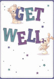 A whimsical illustrated get well card that feels as comforting as a cosy afternoon at home in Bromley, featuring two endearing characters working together to pass along a warm message. At the top of the design, a soft, cuddly bear with rounded paws leans over the chunky, three-dimensional word GET, its light brown fur brushed with gentle shading that suggests the touchable texture of a favourite childhood toy. Below, a floppy-eared puppy balances cheerfully beside the bold word WELL, its velvety ears and wagging tail captured in curving lines that radiate playful energy. The letters themselves are oversized and confident, coloured in rich indigo, deep purple, and teal tones that look almost hand-painted, as if carefully layered like flowers in a thoughtfully arranged bouquet. Scattered around the characters and text are tiny starbursts and twinkling stars in shades of blue, aqua, and plum, creating a sense of hope and brightness that seems to sparkle against the pristine cream-white background. The overall layout is clean and breathable, with lots of clear space around the figures, echoing the calm of an early morning walk through Church House Gardens when the air feels fresh and restorative. Though there are no actual flowers on the card, you can almost imagine it propped beside a fragrant bedside arrangement, each element chosen to soothe and uplift. The illustration conveys kindness, innocence, and genuine encouragement, making the card ideal for sending steady, reassuring support to someone unwell-like a gentle reminder that they are cared for, whether they're recovering at home in Shortlands or resting in a local Bromley hospital ward, surrounded by thoughtful get well wishes.