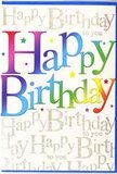 In this image, a colourful birthday card radiates the warmth and cheerfulness of a well-planned celebration, ready to sit proudly next to a fresh bouquet from a Bromley florist. The words Happy Birthday stretch across the card in large, welcoming letters, each one washed with a spectrum of colour that flows seamlessly from one hue to the next. The gradient begins with deep red and plum tones, gliding into bright coral, amber, and golden yellow, before softening into leafy green, aqua, and vibrant blue, and finally settling into royal purple. These colours echo the variety of blossoms you might see lined up in a Bromley flower shop window near the High Street. The letters look slightly raised and glossy, suggesting a polished card stock that feels satisfying to hold. Behind the main message, the background is alive with fine golden handwriting, where Happy Birthday to you is written repeatedly in looping, cursive script. The metallic gold ink has a gentle shine, catching the light in delicate highlights rather than sharp flashes, much like sunlight filtering through leaves in Queens Gardens. Tiny stars and colourful dots drift among the letters, arranged like scattered confetti, adding movement and a sense of spontaneous fun. The composition is lively but never chaotic, with plenty of white space allowing the rainbow letters and gold script to stand out clearly. This design feels suitable for mark-any-age birthdays, from a child's party in Petts Wood to a milestone celebration in West Wickham, bringing a sense of joyful occasion to the table where it's displayed.
