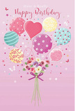 This birthday illustration offers a tender moment of celebration, with colours and shapes that feel right at home in Bromley's calm, friendly neighbourhoods. A soft pink background serves as the canvas for a bouquet of pastel balloons drifting upwards, as if they've just been released in a quiet garden near Queens Gardens. Each balloon is lovingly detailed: some twirl with candy-stripe ribbons, others are dotted with playful spots, floral motifs, or tiny star patterns. The palette stays soothing and cheerful-blush pinks, pale yellows, sea-greens, lavenders, and soft blues blend together in harmonious balance. At the centre of the cluster, a heart-shaped balloon glows, giving the scene an unmistakable note of love and thoughtfulness. Below this airy arrangement rests a hand-tied bouquet of illustrated flowers. Petite roses and daisy-like blossoms mingle with anemone-style blooms in creamy ivory, blush, and muted mauve, their tones echoing the colours of the balloons above. The petals look velvety and soft, with gentle shading that suggests they've just been arranged by an expert florist preparing a special birthday order for a home in Bromley. A rich violet satin bow secures the stems, its smooth, glossy texture catching the light and adding a polished flourish to the base of the bouquet. Around the main elements, tiny stars and delicate butterflies seem to float and flutter, adding a sense of lightness and fairytale charm. The overall feeling is one of airy sweetness and joyful calm, like a birthday surprise chosen with real care-a design that turns a simple message into a small, lasting memory for someone celebrating in Bromley.