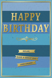 The image shows a stylish birthday card whose calm, layered blues and touches of gold create a feeling of relaxed celebration, much like a gentle afternoon spent in Bromley's quieter corners. The card's background is built from broad, evenly spaced horizontal stripes, each stripe a different shade of blue. Deep navy crowns the top, then the colours gradually soften through mid-blue hues before blending into pale, almost cloudlike sky blue at the bottom. This smooth gradient gives the card a sense of depth and tranquillity, encouraging the eye to wander slowly from top to bottom. Positioned in the centre of this blue canvas, the greeting HAPPY BIRTHDAY is embossed in large, capital golden letters. The metallic surface of the letters catches the light, creating a soft shimmer that feels festive but not overpowering. Just beneath the greeting runs a graceful gold flourish, an ornamental swirl that adds an elegant pause between the main message and the text below. Underneath this flourish, three slender gold banners are stacked neatly, each banner contributing part of a simple, heartfelt wish so that together they say: Relax, have a great day and enjoy! The banners look like three fine ribbons laid gently across the blue stripes, echoing the metallic shine of the main lettering. A thin gold line traces the outer edge of the card, framing the entire design and tying the elements together. The card's finish appears smooth and of good quality, with the raised gold details adding subtle texture under the fingertips. It is easy to picture this card set beside a birthday bouquet on a Bromley windowsill, catching soft daylight and quietly conveying warm, genuine good wishes.